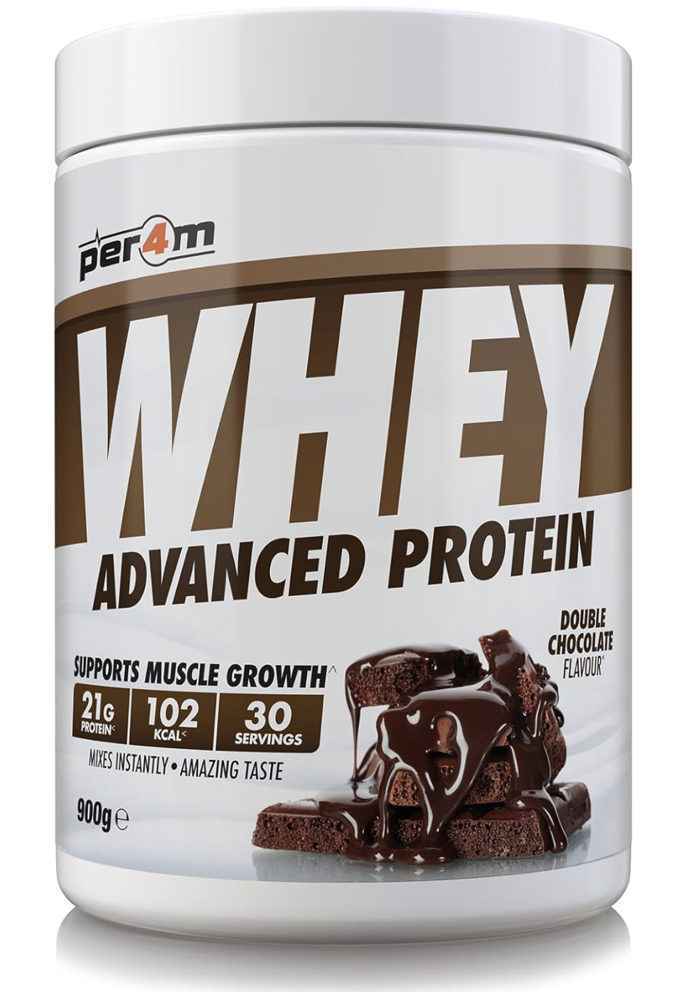 Per4m Whey Protein Powder | High Protein Shake for Muscle Growth & Recovery | Low Sugar Gym Supplement | Sports Nutrition Drink + Amino Acids (900g, Double Chocolate)