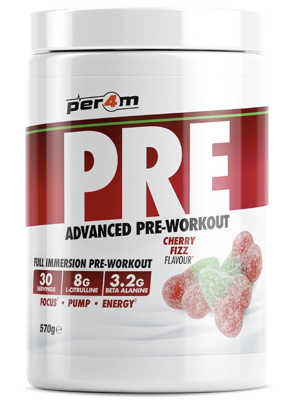 Per4m Pre Workout Powder | Intense Pump, Sustained Energy & Mental Focus | L-Citrulline, Beta Alanine & Caffeine & Added Hydration (570g, Cherry Fizz)