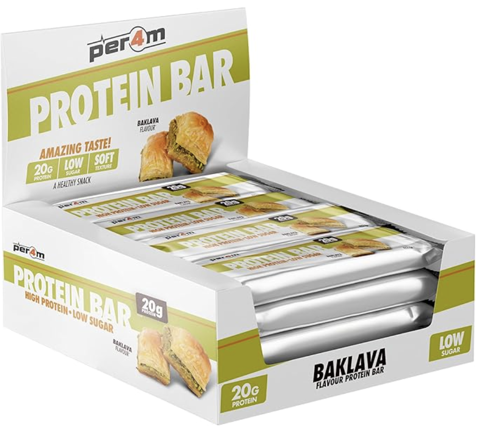 Per4m On-the-Go Protein Bar | High Protein, Low Sugar Bar with 20g Protein | Nutritional & Healthy Gym Snack Bar | Box of 12 x 62g (Box, Baklava)