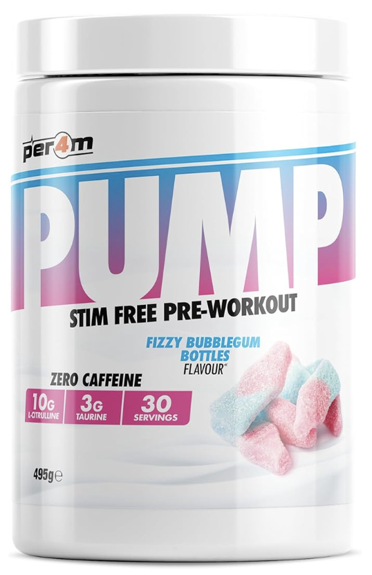 Per4m Pump Stim Free Pre Workout | 10g L-Citrulline, 3g Taurine for Pump, Hydration & Muscle Fullness | 30 Servings, 495g (585g, Fizzy Bubblegum Bottles)