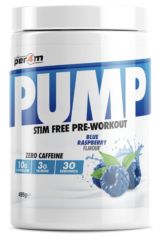 Per4m Pump Stim Free Pre Workout | 10g L-Citrulline, 3g Taurine for Pump, Hydration & Muscle Fullness | 30 Servings, 495g (585g, Blue Raspberry)
