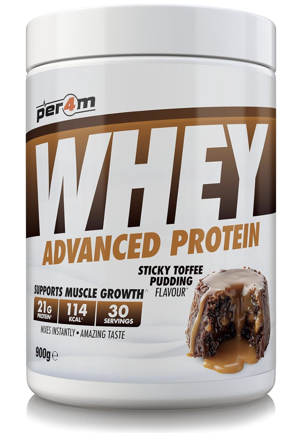 Per4m Whey Protein Powder | High Protein Shake for Muscle Growth & Recovery | Low Sugar Gym Supplement | Sports Nutrition Drink + Amino Acids (900g, Sticky toffee pudding)