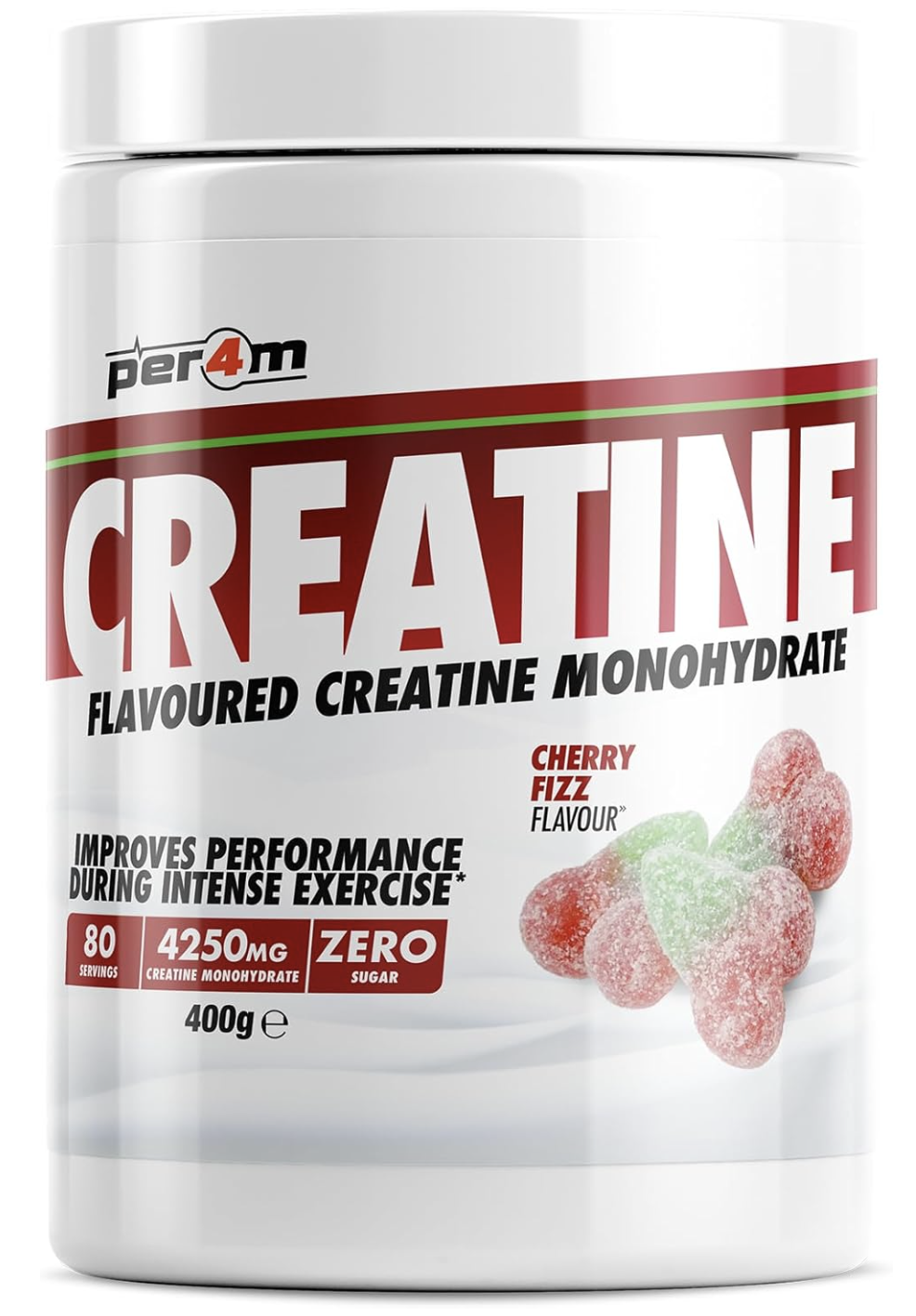 Per4m Creatine Powder | 80 Servings of Micronised Creatine Monohydrate | Performance & Strength | 8 Flavours (400g, Cherry Fizz)