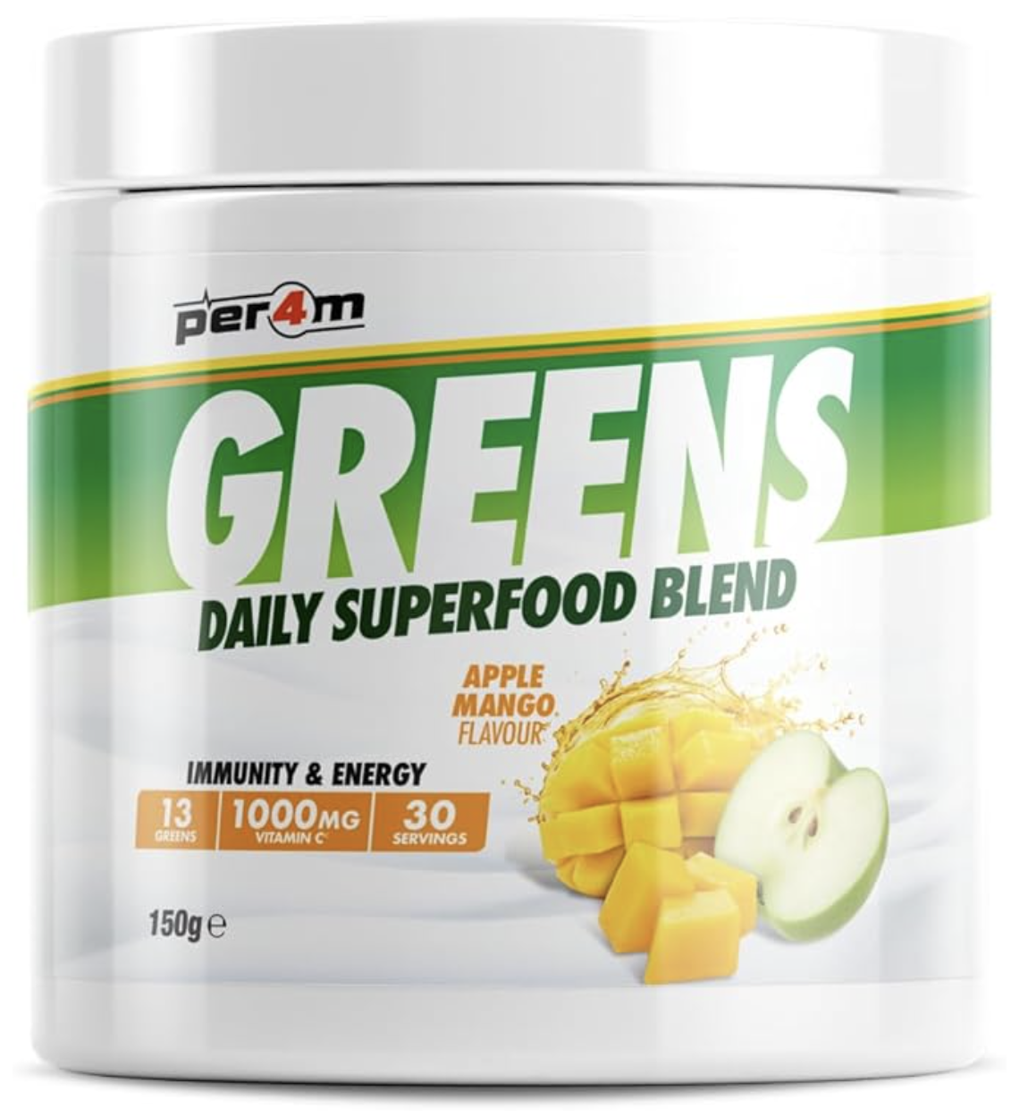 Per4m Greens Daily Superfood Blend | Immunity & Energy Support | 13 Greens | 1000mg Vitamin C | 30 Servings (150g, Apple Mango)